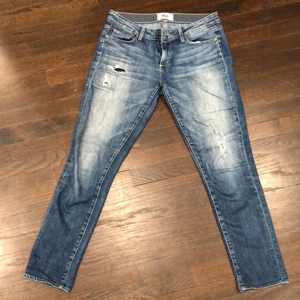 PAIGE medium/light wash distressed skinny jeans